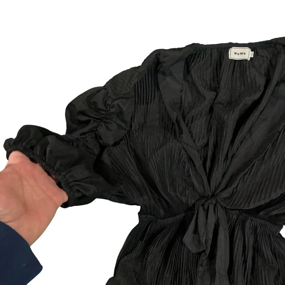 Black WoWo Pleated Puff Sleeve Wrap Top With Tie - Size XXL - Picture 2 of 4